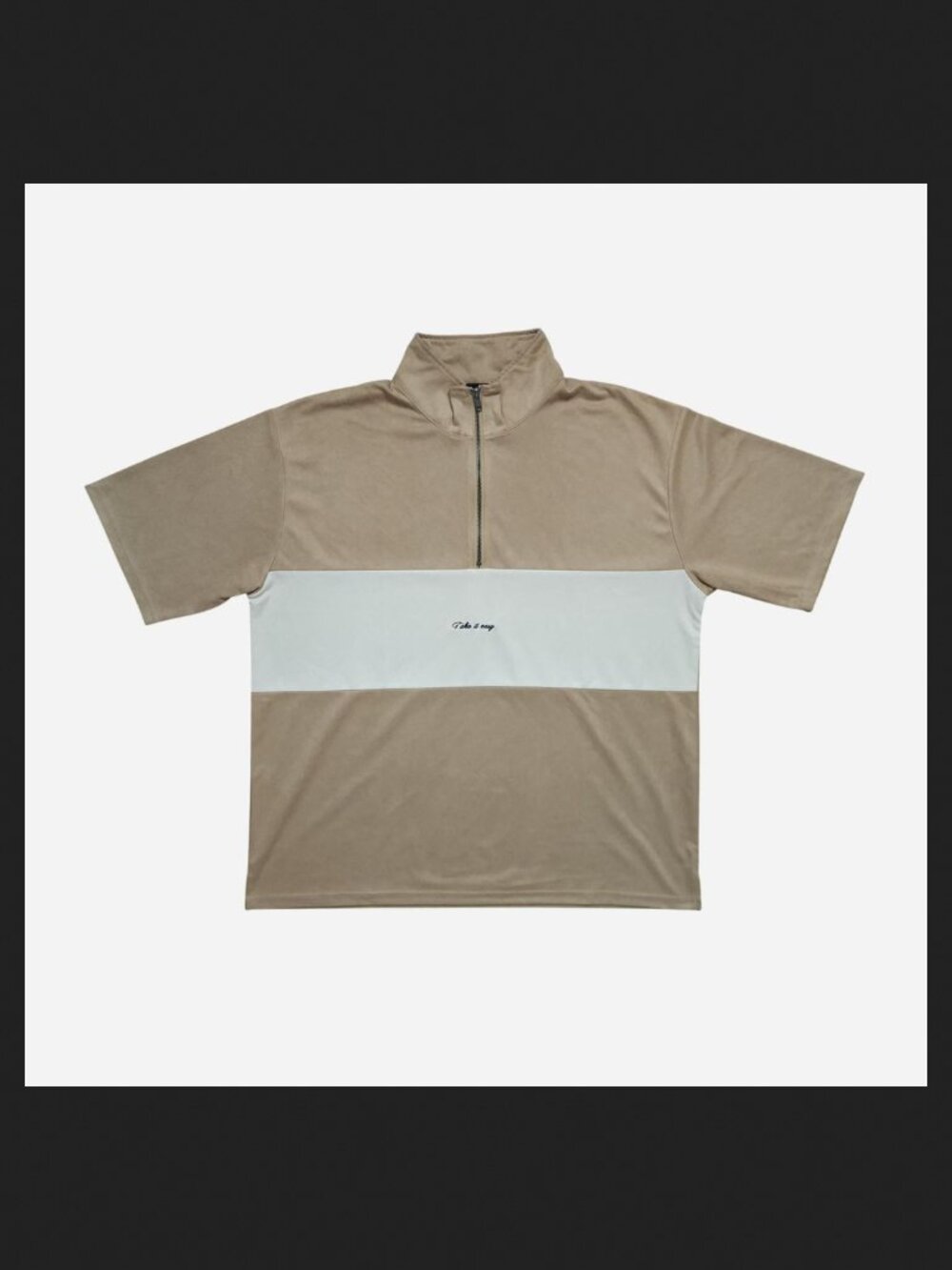 Naive Magic oversized 1/4 zip mock neck shirt in tan w/ white horizontal stripe